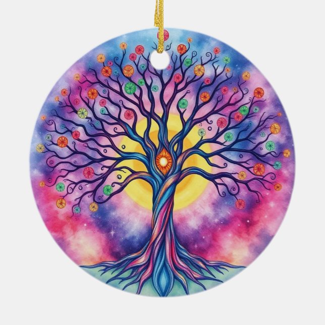 Regenbogen Aquarellbaum Keramik Ornament (Hinten)