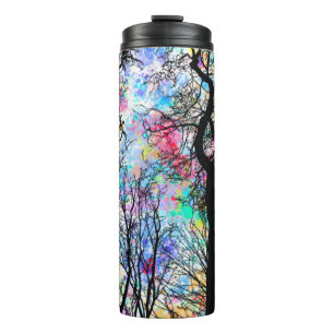 Regenbogen-Aquarellhimmel, schwarze Silhouette Thermosbecher