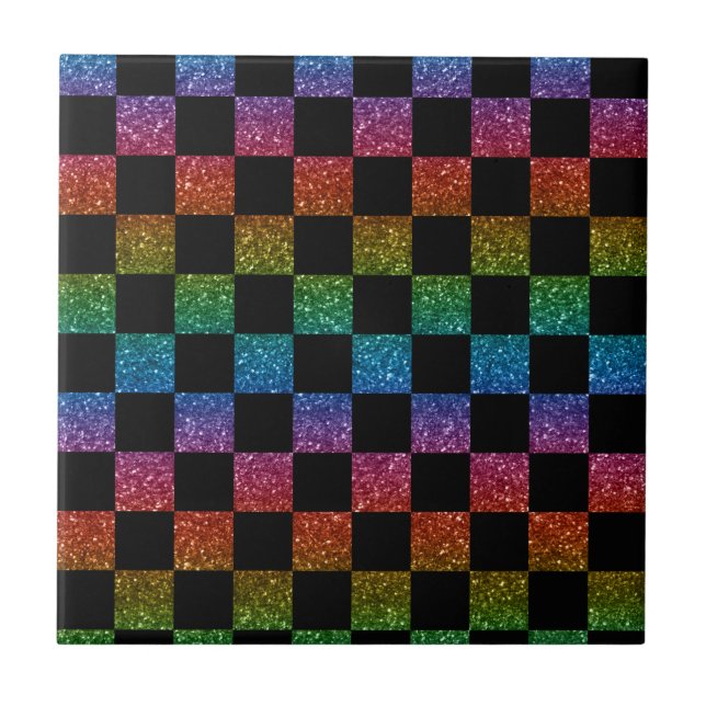 Regenbogen aus Glitzer und schwarz karierte Muster Fliese (Vorderseite)