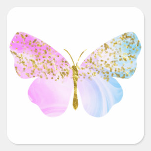 Regenbogen Blau Violett mit Gold Glitter Schmetter Quadratischer Aufkleber