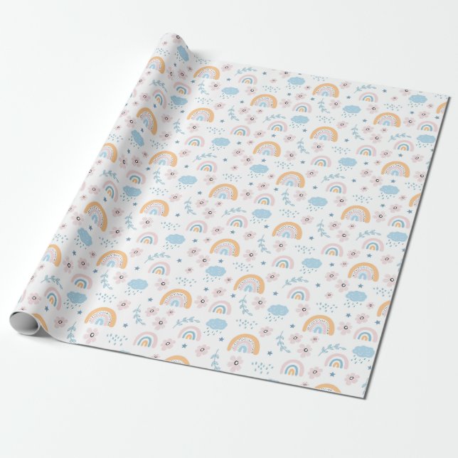 Regenbogen, Blume und Wolkenumrandungspapier Geschenkpapier (Ungerollt)