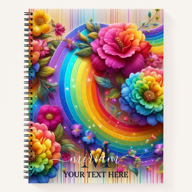Regenbogen Blumen Monogramm mit Mädchen-Touch Notizbuch (Vorderseite)