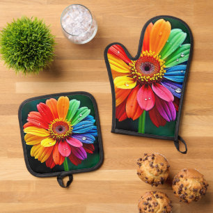 Regenbogen-Blüten-Kunst Ofenhandschuh & Topflappen-Set