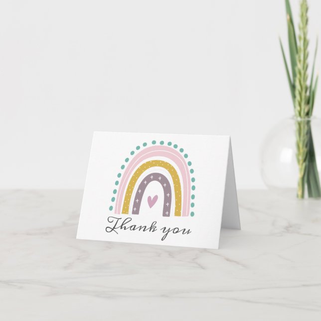 Regenbogen, Boho, rosa, Aquamarin, Herz, Lila Gold Dankeskarte (Vorderseite)