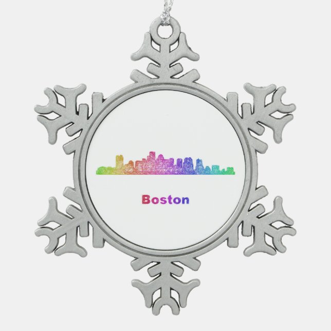 Regenbogen-Boston-Skyline Schneeflocken Zinn-Ornament (Vorderseite)