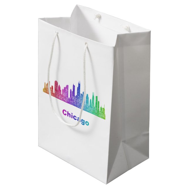 Regenbogen-Chicago-Skyline Mittlere Geschenktüte (Vorderseite Schrägansicht)