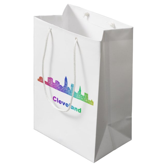 Regenbogen-Cleveland-Skyline Mittlere Geschenktüte (Vorderseite Schrägansicht)