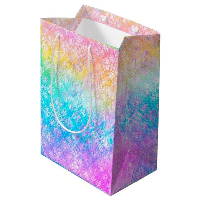 [Regenbogen Damast] Elegante Farbige Sanfte Pastel Mittlere Geschenktüte (Rückseite Schrägansicht)