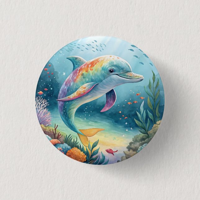 Regenbogen-Delfin-Unterwasserparadies Button (Vorderseite)