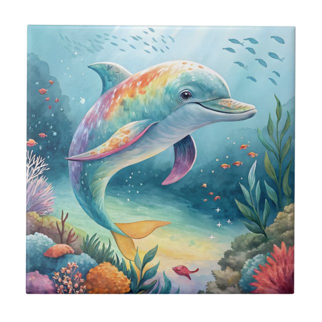 Regenbogen-Delfin-Unterwasserparadies Fliese (Vorderseite)
