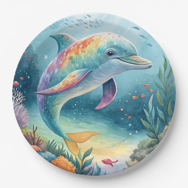 Regenbogen-Delfin-Unterwasserparadies Pappteller (Vorderseite)