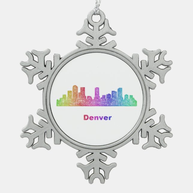 Regenbogen-Denver-Skyline Schneeflocken Zinn-Ornament (Vorderseite)
