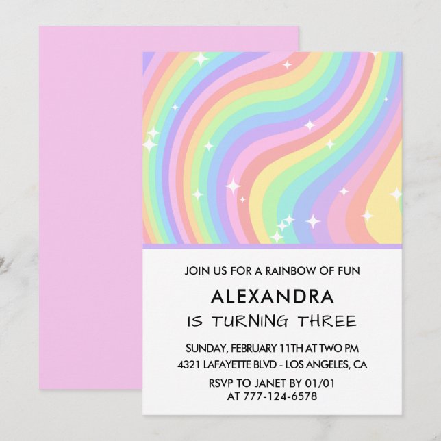 Regenbogen Dritter Geburtstag Moderne Mädchen Einladung (Vorne/Hinten)