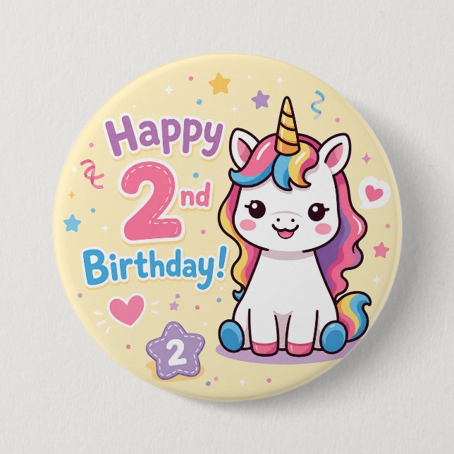 Regenbogen-Einhorn 2. Geburtstagsfeier Button (Vorderseite)