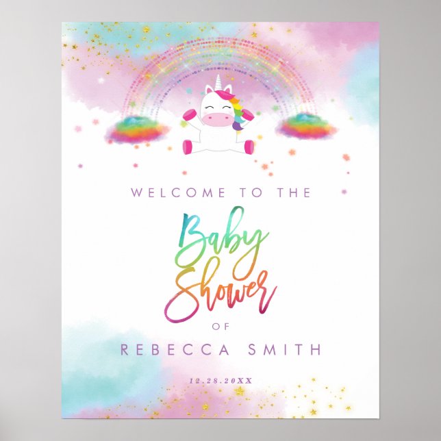 Regenbogen Einhorn Babydusche Begrüßungszeichen Poster (Vorne)