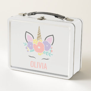Regenbogen-Einhorn-Blumen-Gesicht-Schul-Lunchbox Metall Brotdose