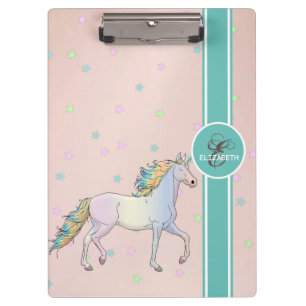 Regenbogen-Einhorn, Farbige Sterne, Monogramm Klemmbrett