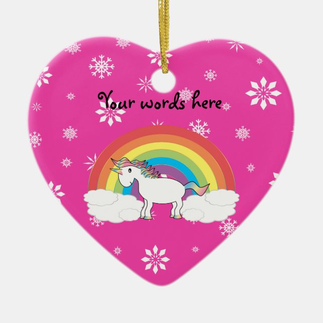 Regenbogen-Einhorn mit rosa Schneeflocken Keramik Ornament (Vorne)