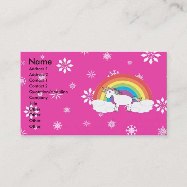 Regenbogen-Einhorn mit rosa Schneeflocken Visitenkarte (Vorderseite)