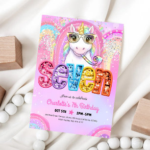 Regenbogen-Einhorn-Pailletten-Glitter-7. Geburtsta Einladung