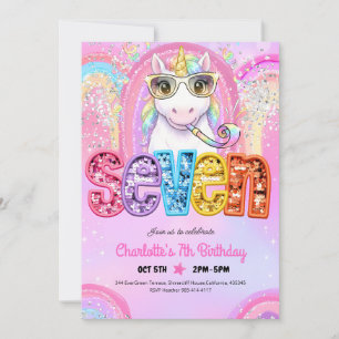 Regenbogen-Einhorn-Pailletten-Glitter-7. Geburtsta Einladung