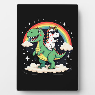 Regenbogen-Einhorn reitet auf T-Rex - Dinosaurier Fotoplatte