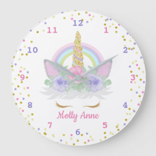 Regenbogen-Einhorn Rosa, Lila & Gold Konfetti Punk Große Wanduhr