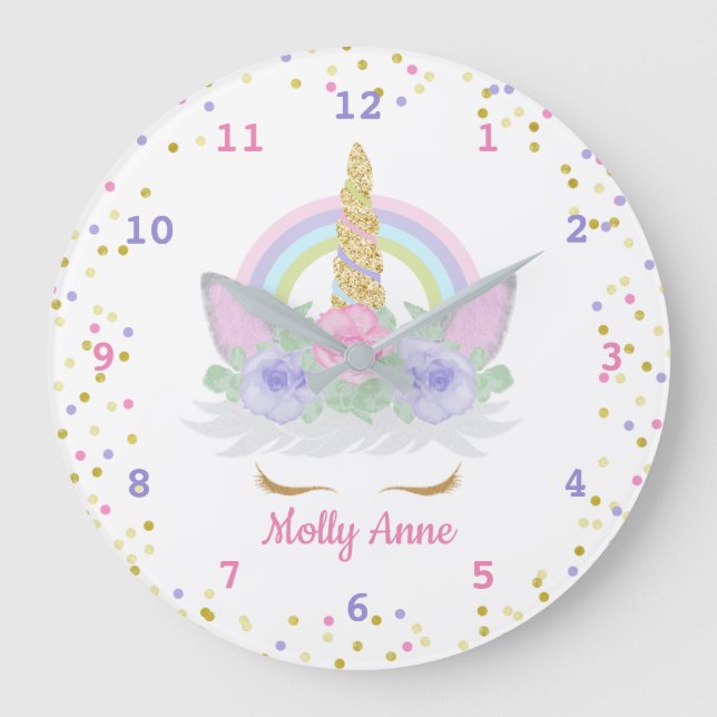 Regenbogen Einhorn Rosa, Lila und goldene Konfetti Große Wanduhr (Vorderseite)