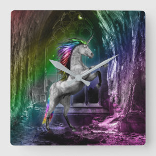 Regenbogen-Einhorn-Uhr Quadratische Wanduhr