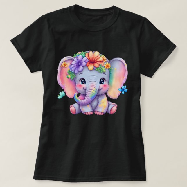 Regenbogen-Elefant mit Blumenkronen und Schmetterl T-Shirt (Design vorne)