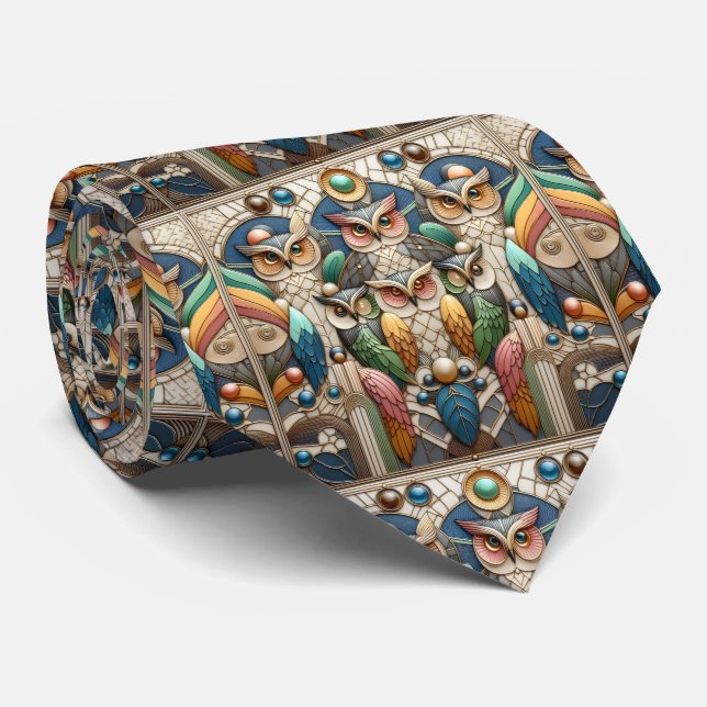 Regenbogen-Eule Art Deco Krawatte – Schwarz, Weiß  (Gerollt)