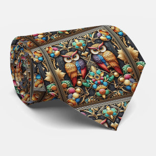 Regenbogen-Eule Art Deco Krawatte – Schwarz, Weiß 