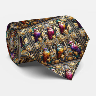 Regenbogen-Eule Art Deco Krawatte – Schwarz, Weiß