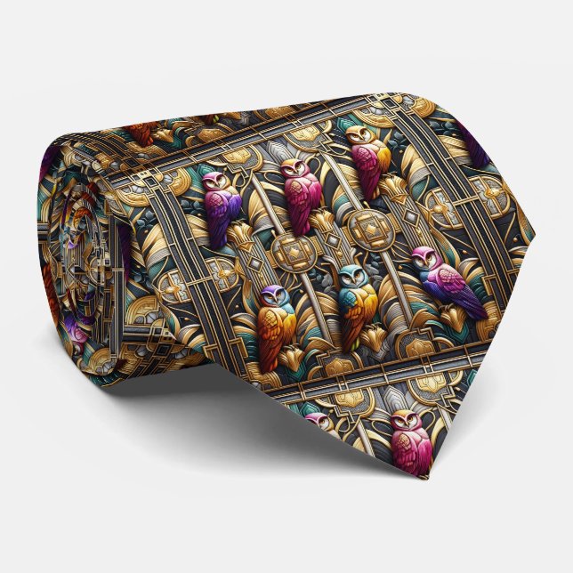 Regenbogen-Eule Art Deco Krawatte – Schwarz, Weiß  (Gerollt)
