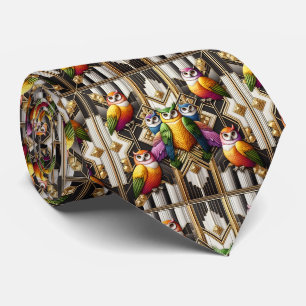 Regenbogen-Eule Art Deco Krawatte – Schwarz, Weiß