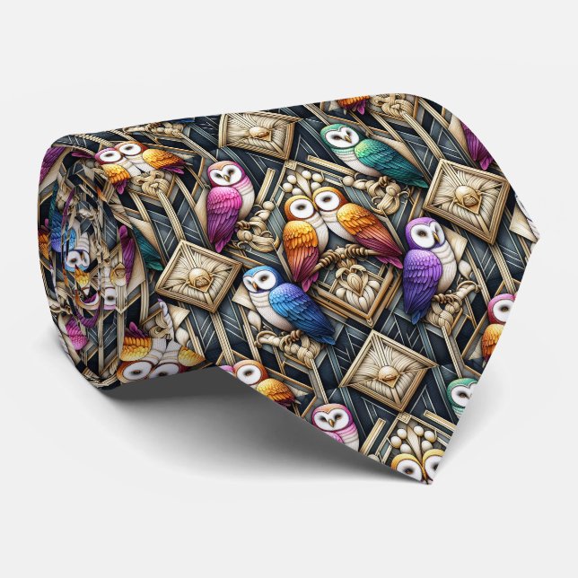 Regenbogen-Eule Art Deco Krawatte – Schwarz, Weiß  (Gerollt)
