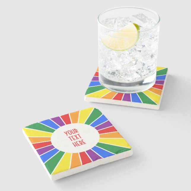 REGENBOGEN-FLAGGEN-KNOPF-STRAHLEN + Ihr Zeichen Steinuntersetzer (Seitenansicht)