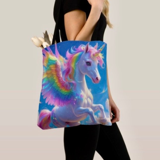 Regenbogen Flügel Schreitendes Einhorn Tasche (Tote Bag — 100% polyester, black laminated lining 100% cotton web hand. Made in the USA.
)