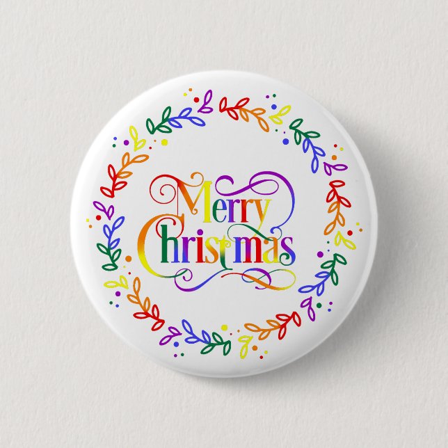 Regenbogen-Frohe-Weihnachten-Kranz-Knopf Button (Vorderseite)
