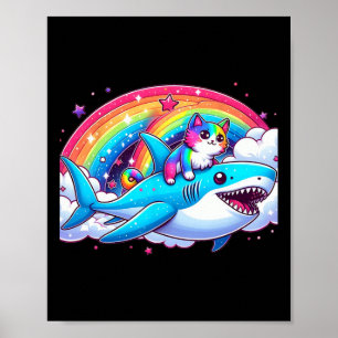 Regenbogen Galaxy Katze Riding Hai im Weltraum Wit Poster