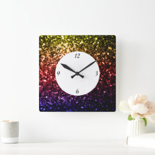 Regenbogen gelb rot violett funkelt mit Zahlen Quadratische Wanduhr