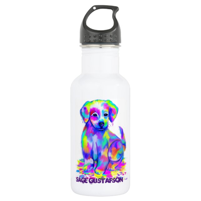 Regenbogen gemalter Welpe Trinkflasche (Vorderseite)