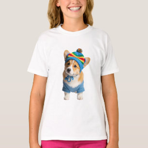 Regenbogen-Gestreifte Mütze Blau Corgi Kinder T-Shirt