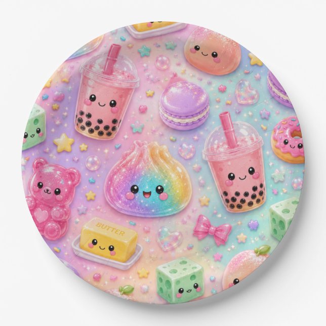 Regenbogen-Glitter-Dampfnudel-Quetschies-Geburtsta Pappteller (Vorderseite)