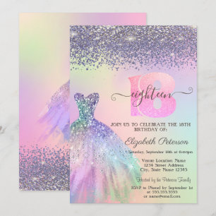 Regenbogen Glitter Kleid Diamanten 18. Geburtstag Einladung