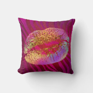 Regenbogen Glitter Lippen Kuss im rosa Zebradruck Kissen