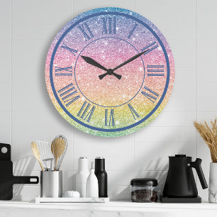 Regenbogen Glitter römische Zahl Funkeln Mädchenha Große Wanduhr