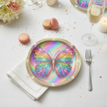 Regenbogen-Glitter-Schmetterling-Party-Teller