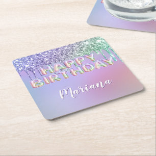 Regenbogen Glitter Tropfen Mädchen Geburtstagsfeie Rechteckiger Pappuntersetzer