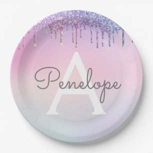 Regenbogen-Glitzer-Drillingslampe mit Monogramm Pappteller